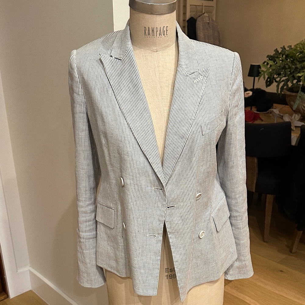 Theory Linen Striped Double-Breasted summer Blazer